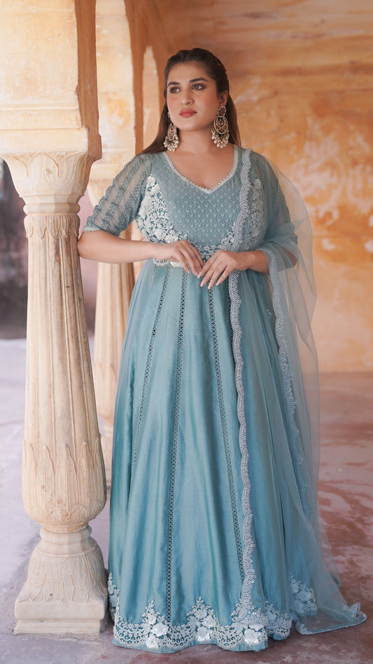 Teal Chanderi Silk Hand Embroidered Anarkali Set