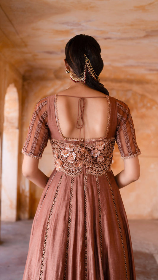 Brown Chanderi Silk Hand Embroidered Anarkali Set