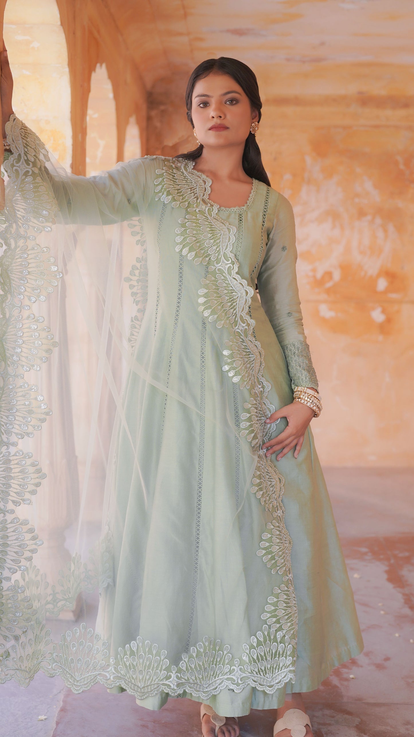 Green Chanderi Silk Hand Embroidered Anarkali Set