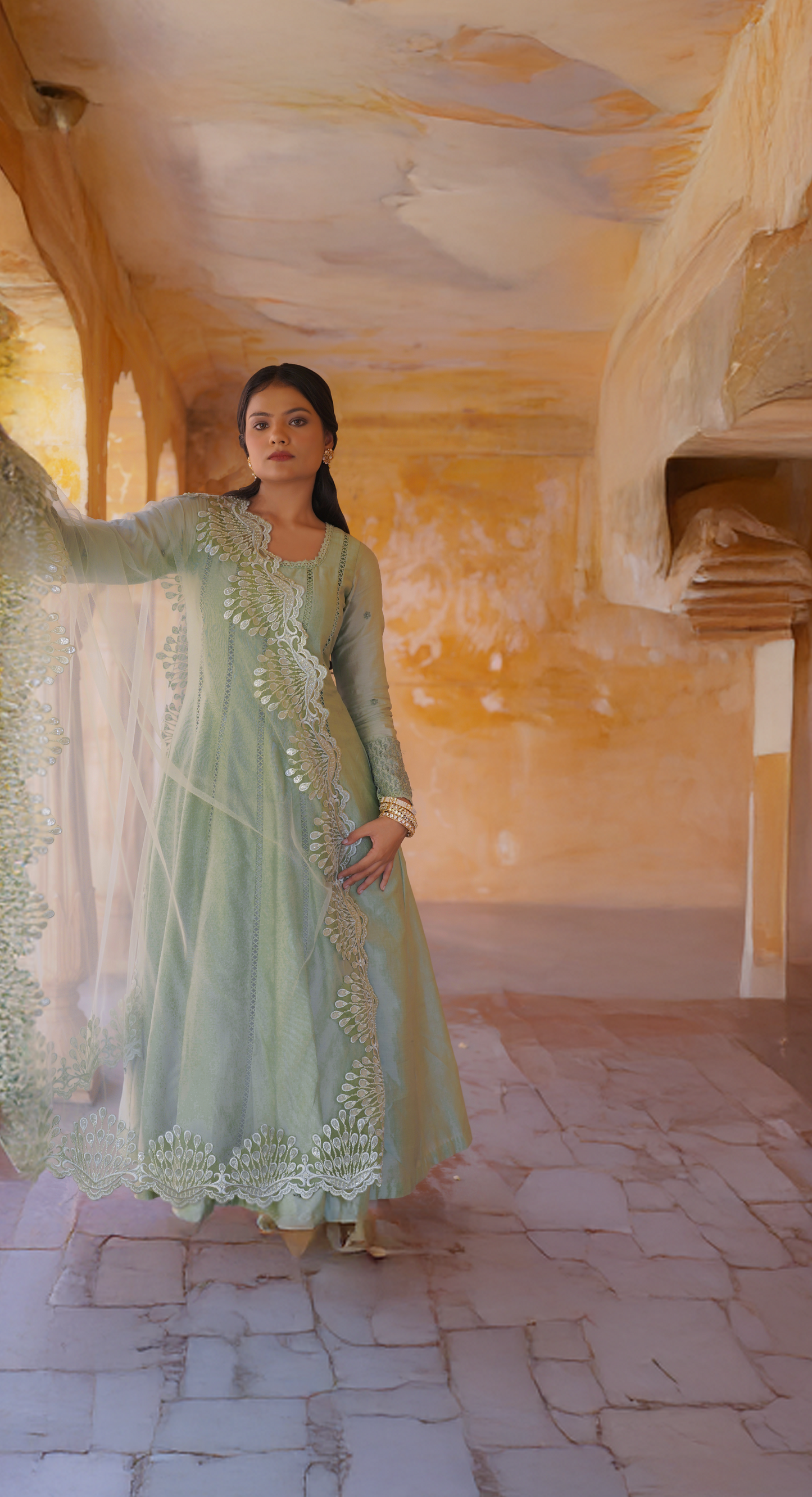 Green Chanderi Silk Hand Embroidered Anarkali Set