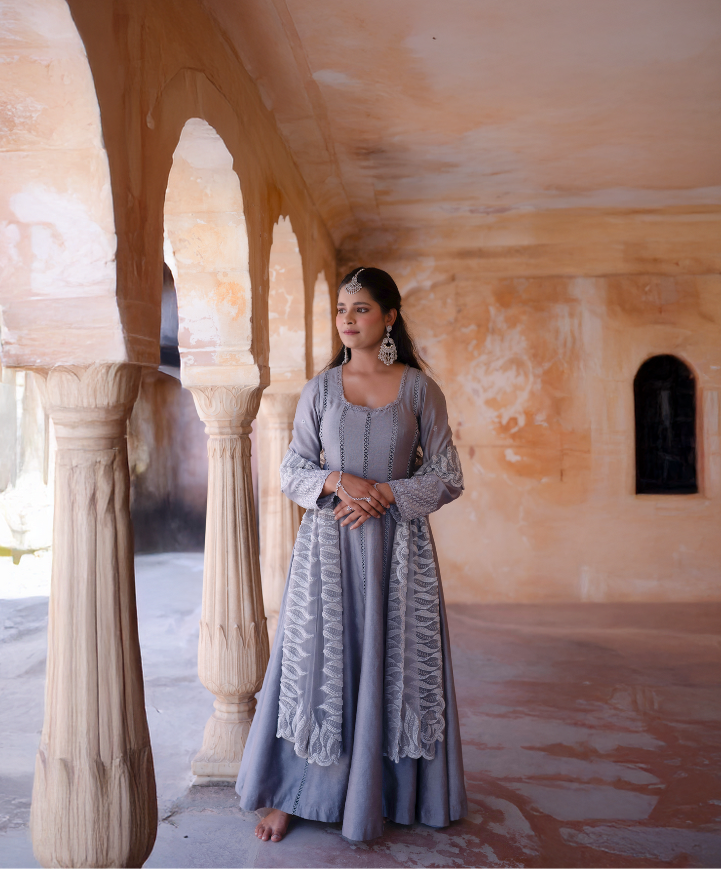 Grey Chanderi Silk Hand Embroidered Anarkali Set