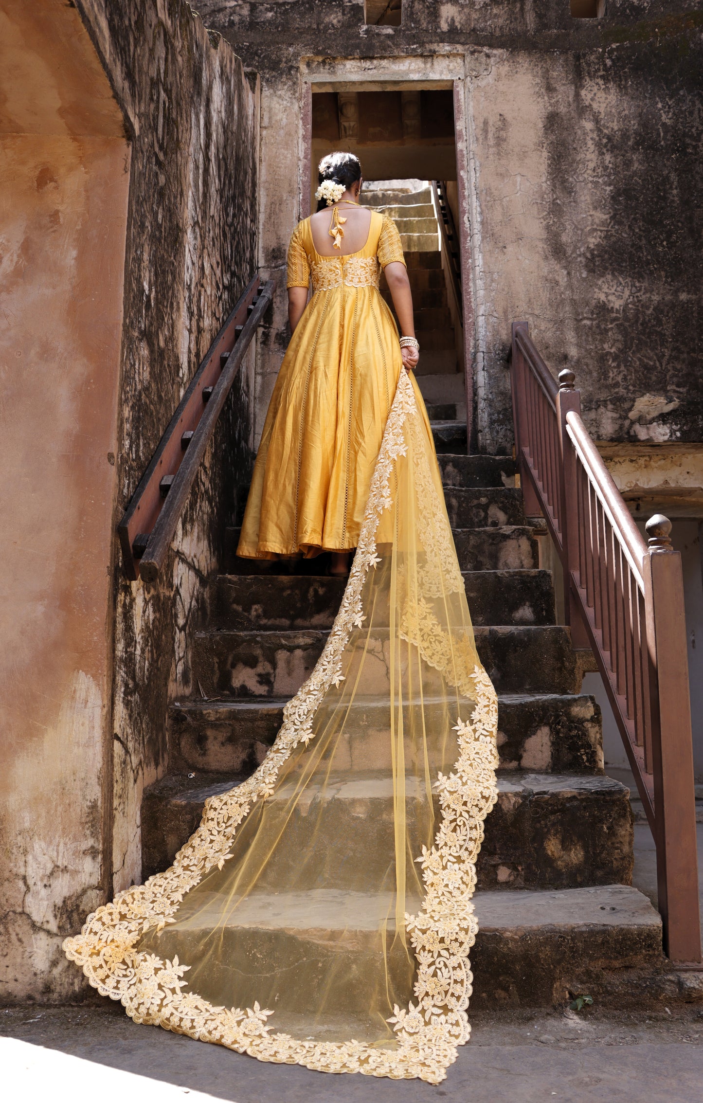 Yellow Chanderi Silk Hand Embroidered Anarkali Set