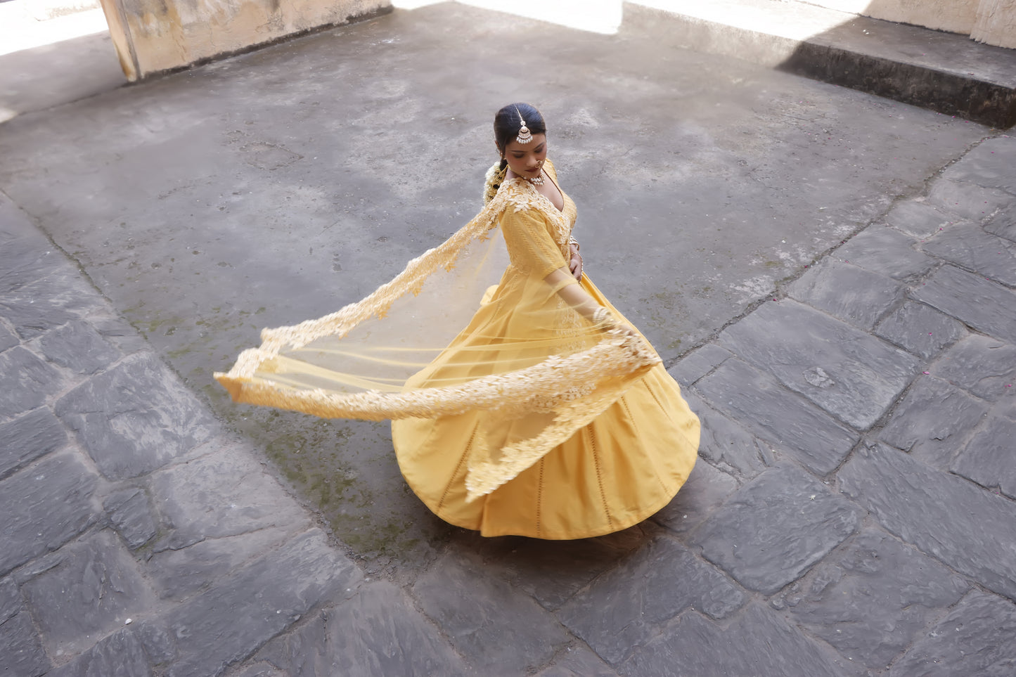 Yellow Chanderi Silk Hand Embroidered Anarkali Set