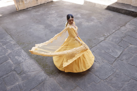 Yellow Chanderi Silk Hand Embroidered Anarkali Set