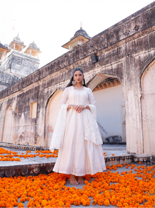 Ivory Chanderi Silk Hand Embroidered Anarkali Set