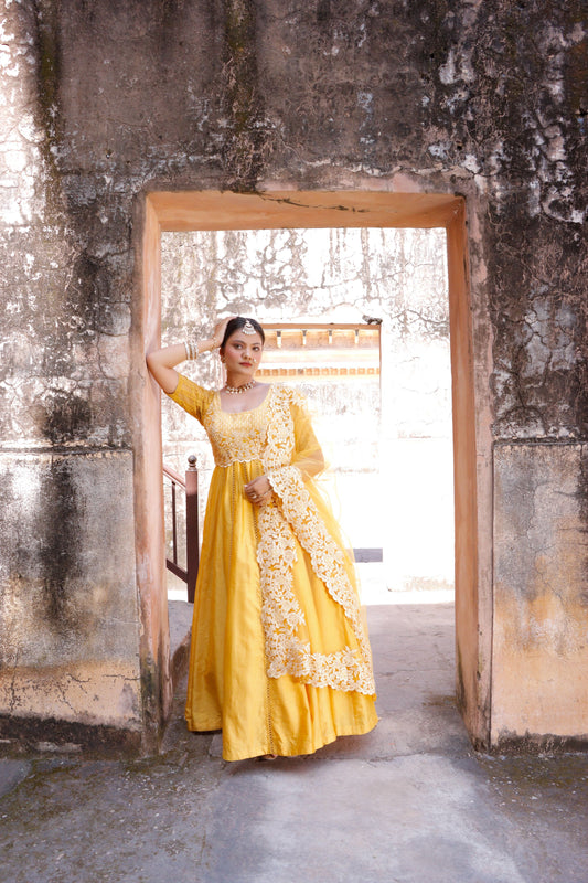 Yellow Chanderi Silk Hand Embroidered Anarkali Set
