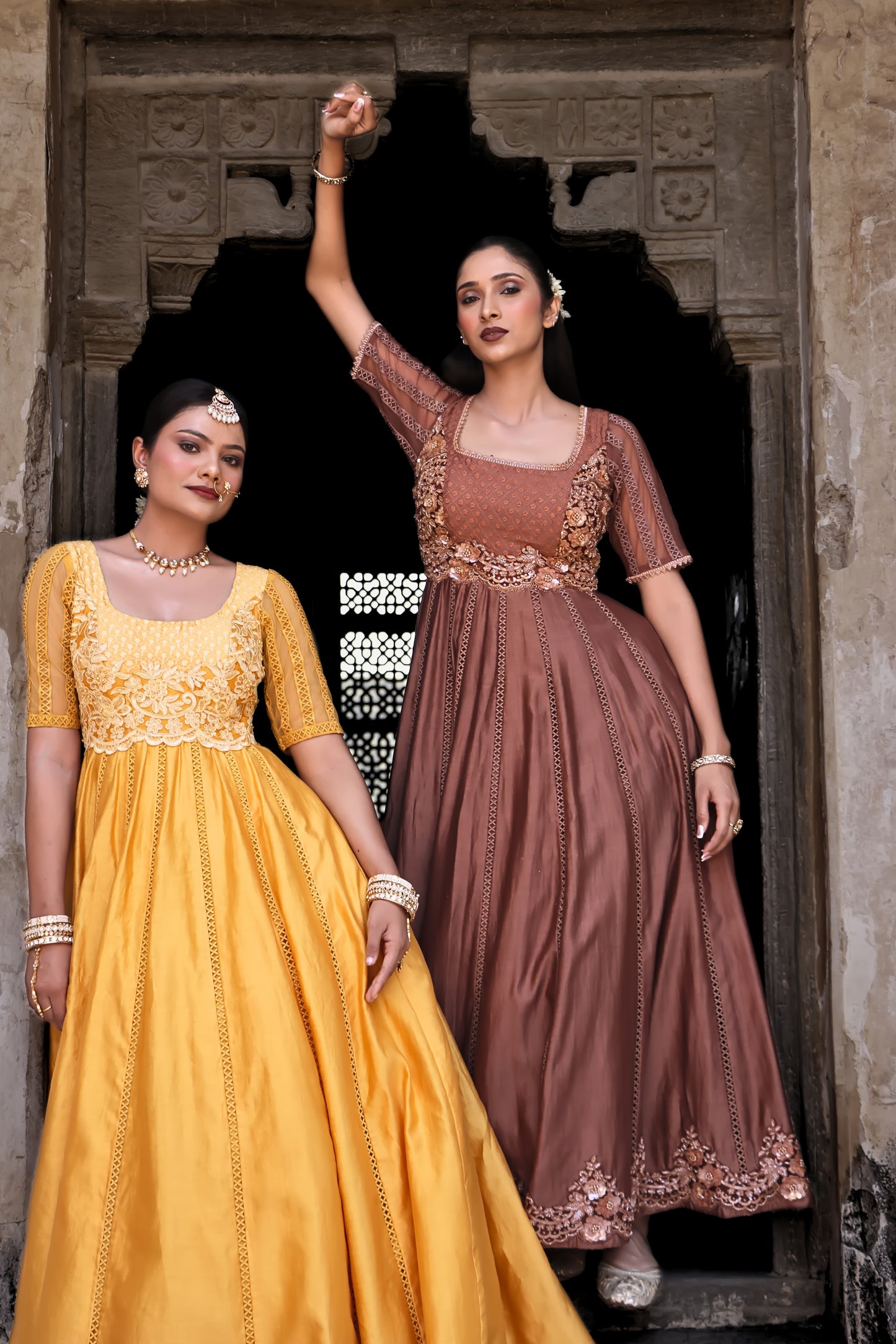 Brown Chanderi Silk Hand Embroidered Anarkali Set