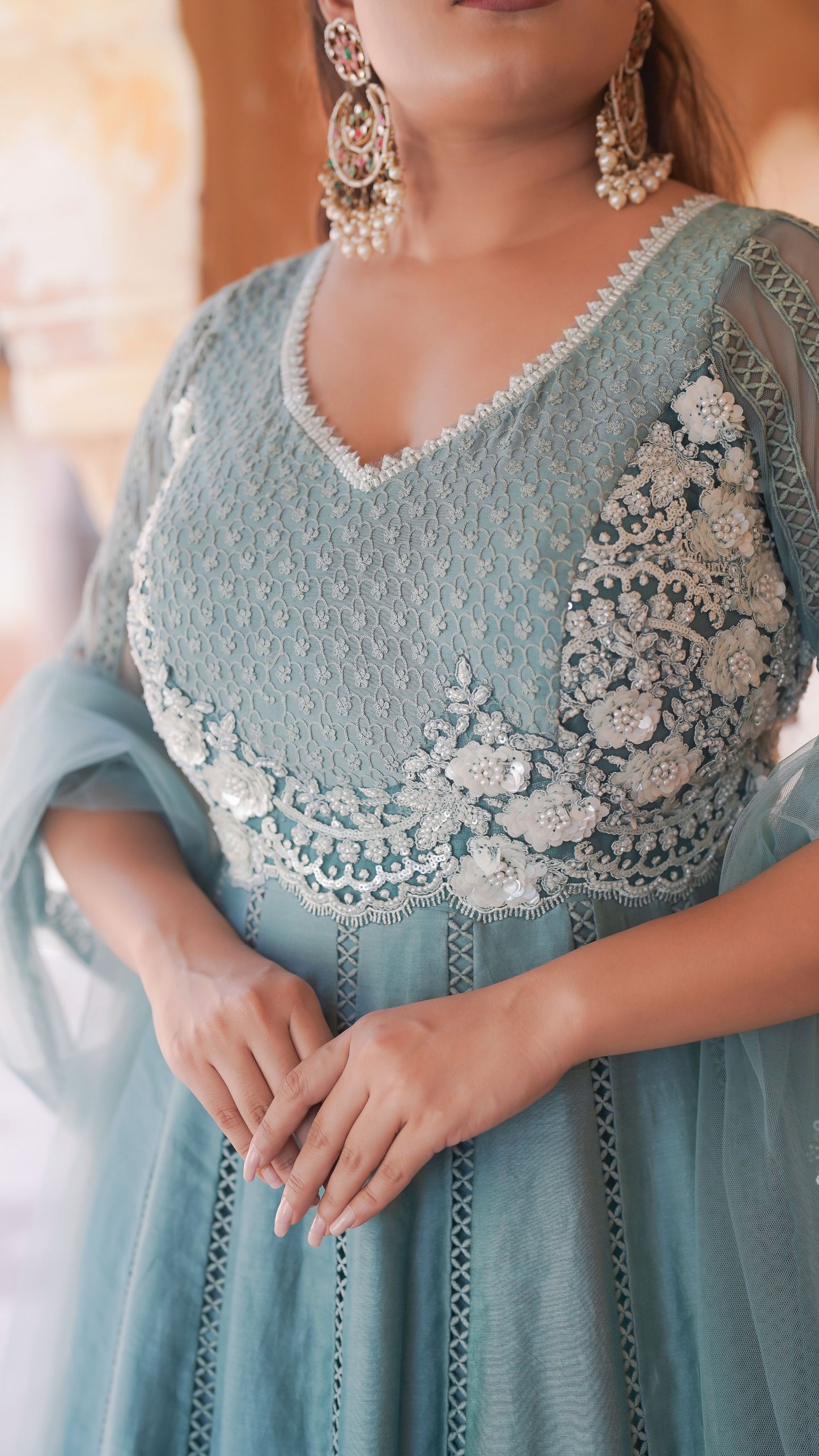 Teal Chanderi Silk Hand Embroidered Anarkali Set