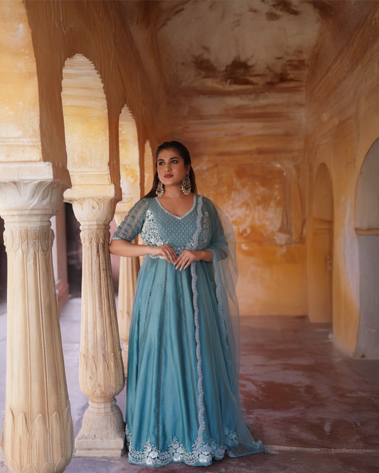 Teal Chanderi Silk Hand Embroidered Anarkali Set