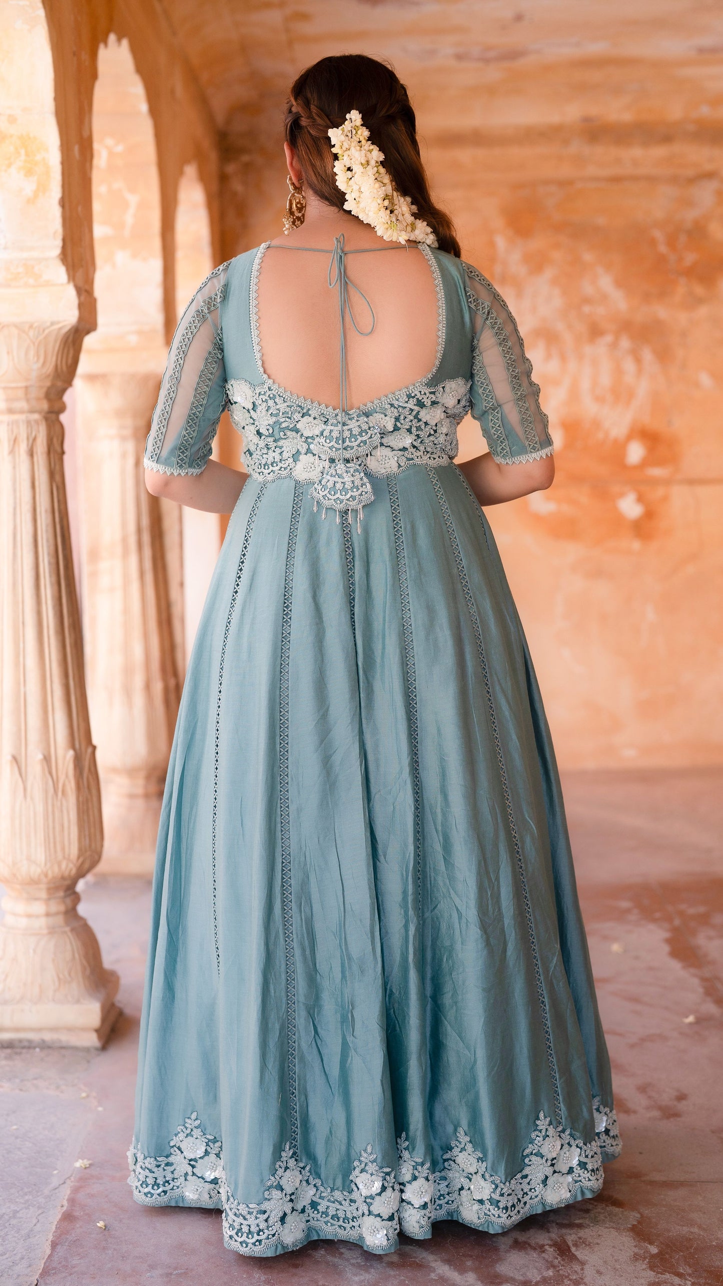 Teal Chanderi Silk Hand Embroidered Anarkali Set