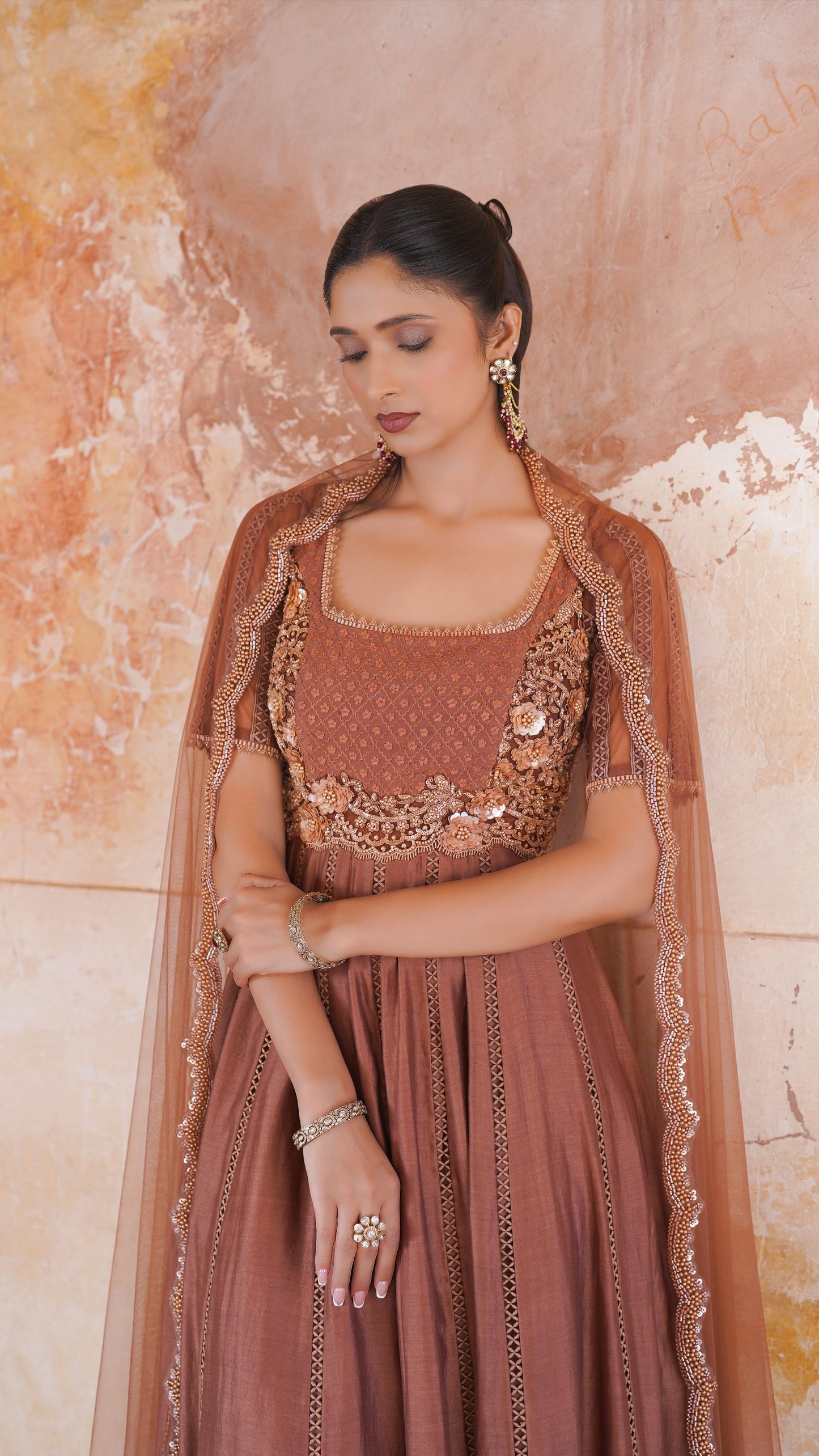 Brown Chanderi Silk Hand Embroidered Anarkali Set