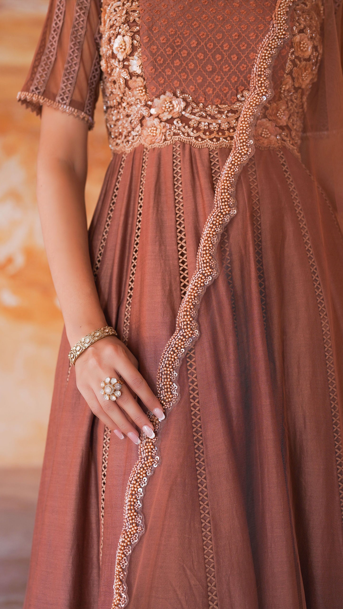 Brown Chanderi Silk Hand Embroidered Anarkali Set