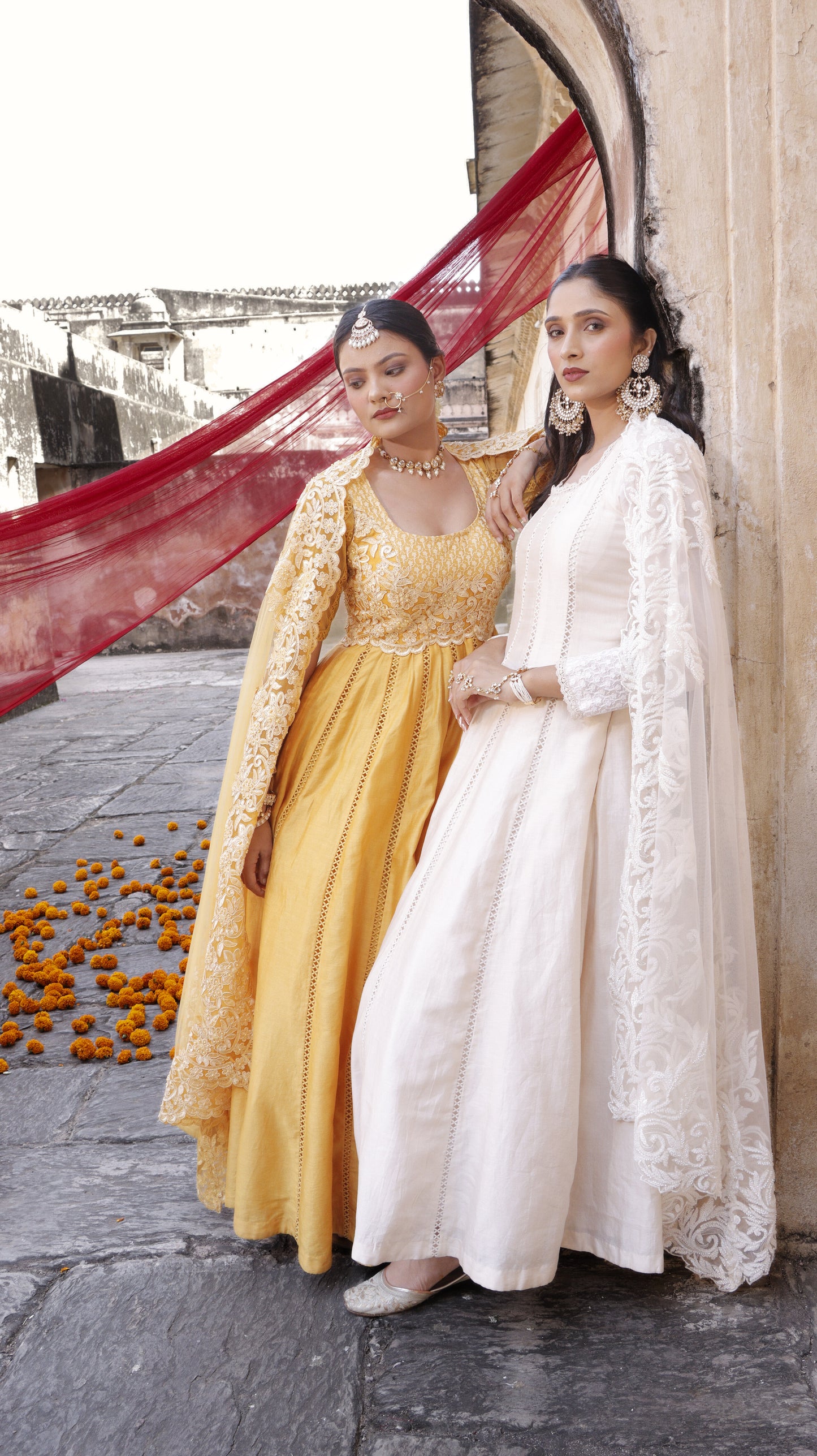 Ivory Chanderi Silk Hand Embroidered Anarkali Set