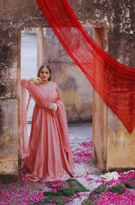 Peach Chanderi Silk Hand Embroidered Anarkali Set