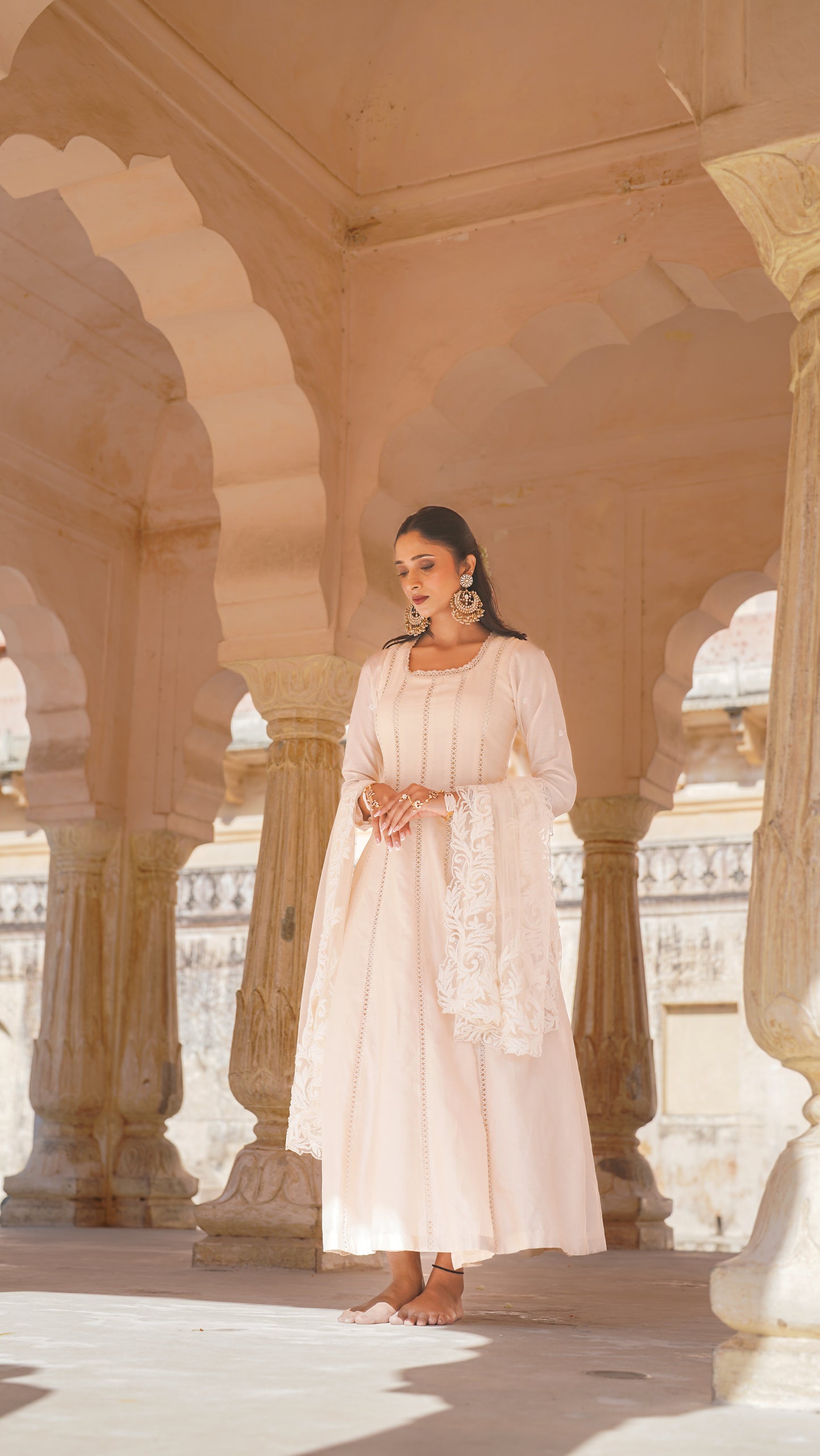 Ivory Chanderi Silk Hand Embroidered Anarkali Set