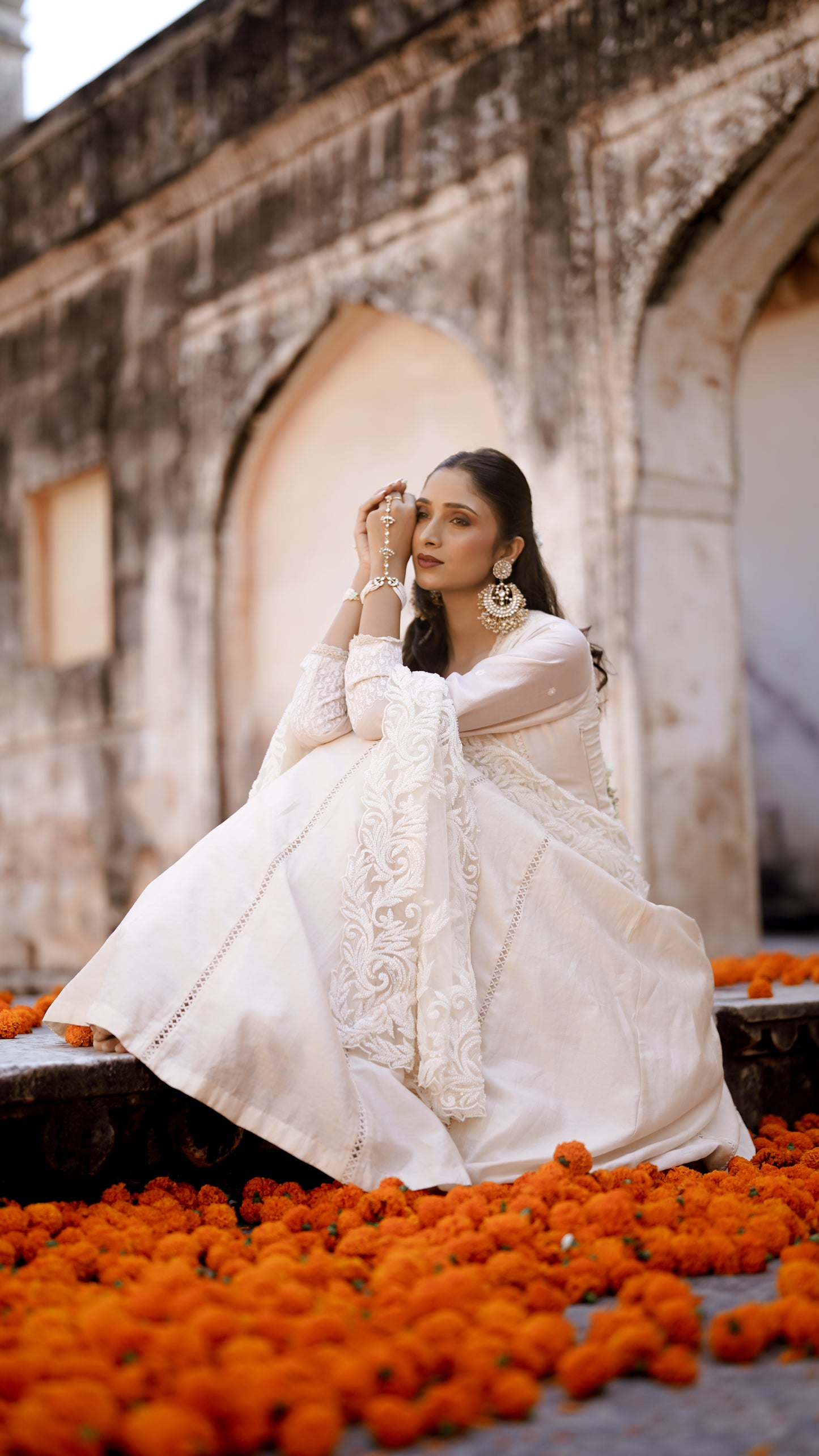 Ivory Chanderi Silk Hand Embroidered Anarkali Set