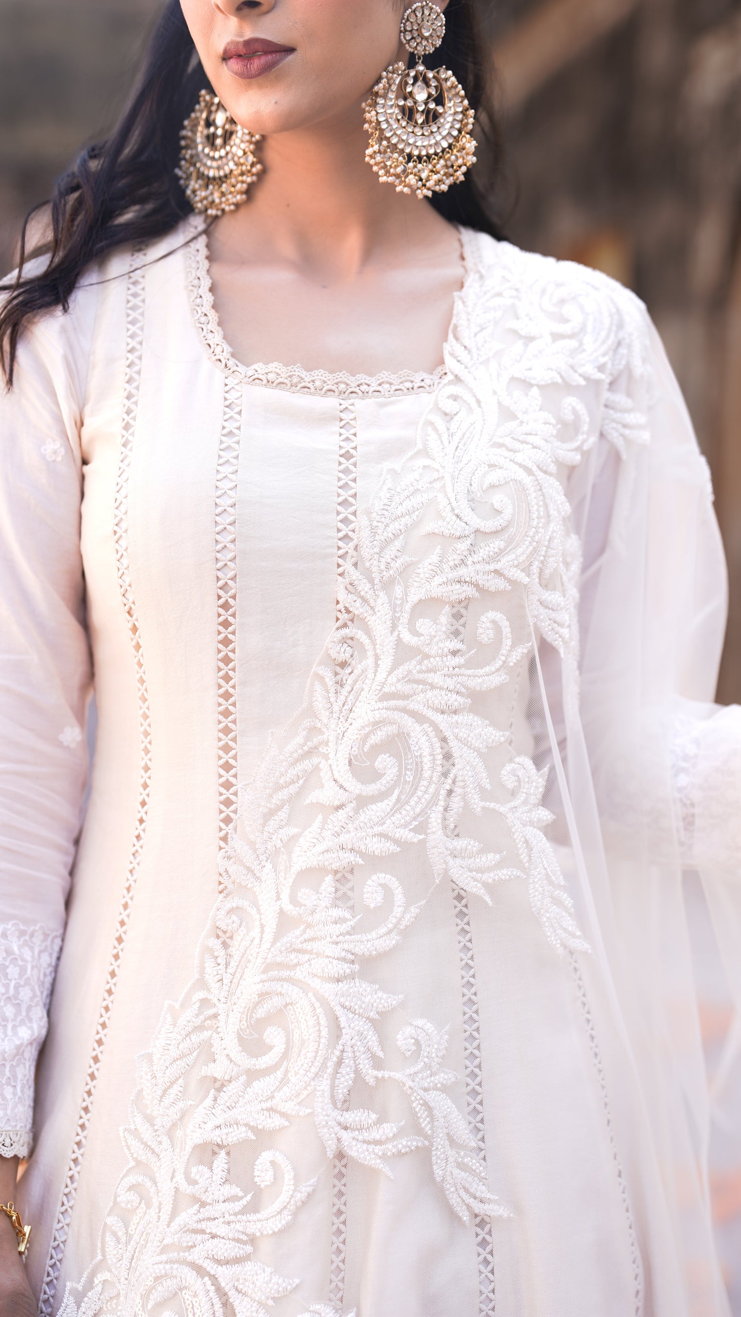 Ivory Chanderi Silk Hand Embroidered Anarkali Set