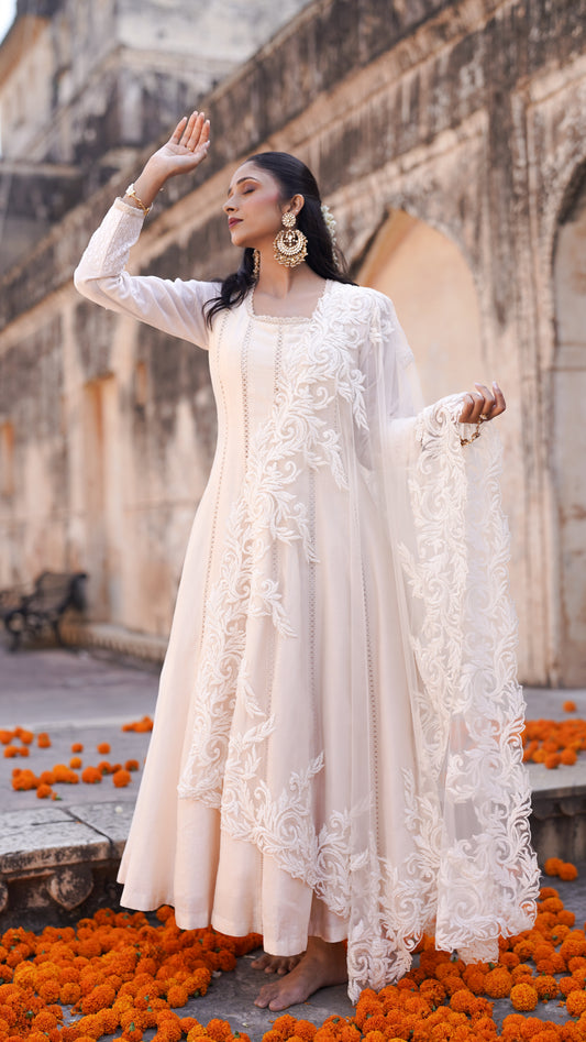 Ivory Chanderi Silk Hand Embroidered Anarkali Set
