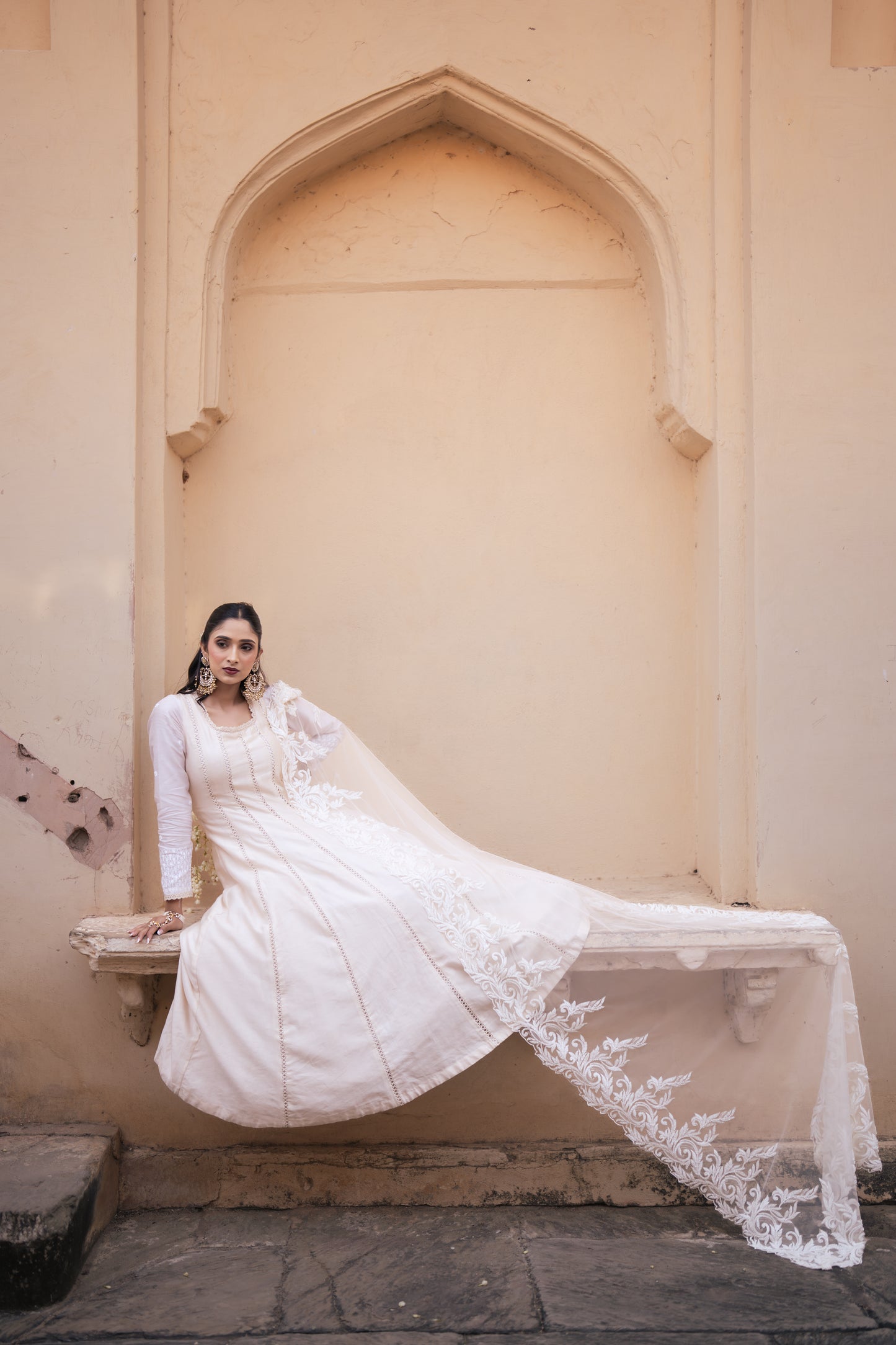 Ivory Chanderi Silk Hand Embroidered Anarkali Set