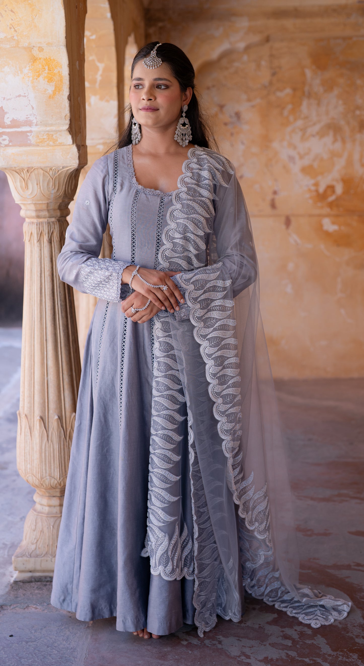 Grey Chanderi Silk Hand Embroidered Anarkali Set