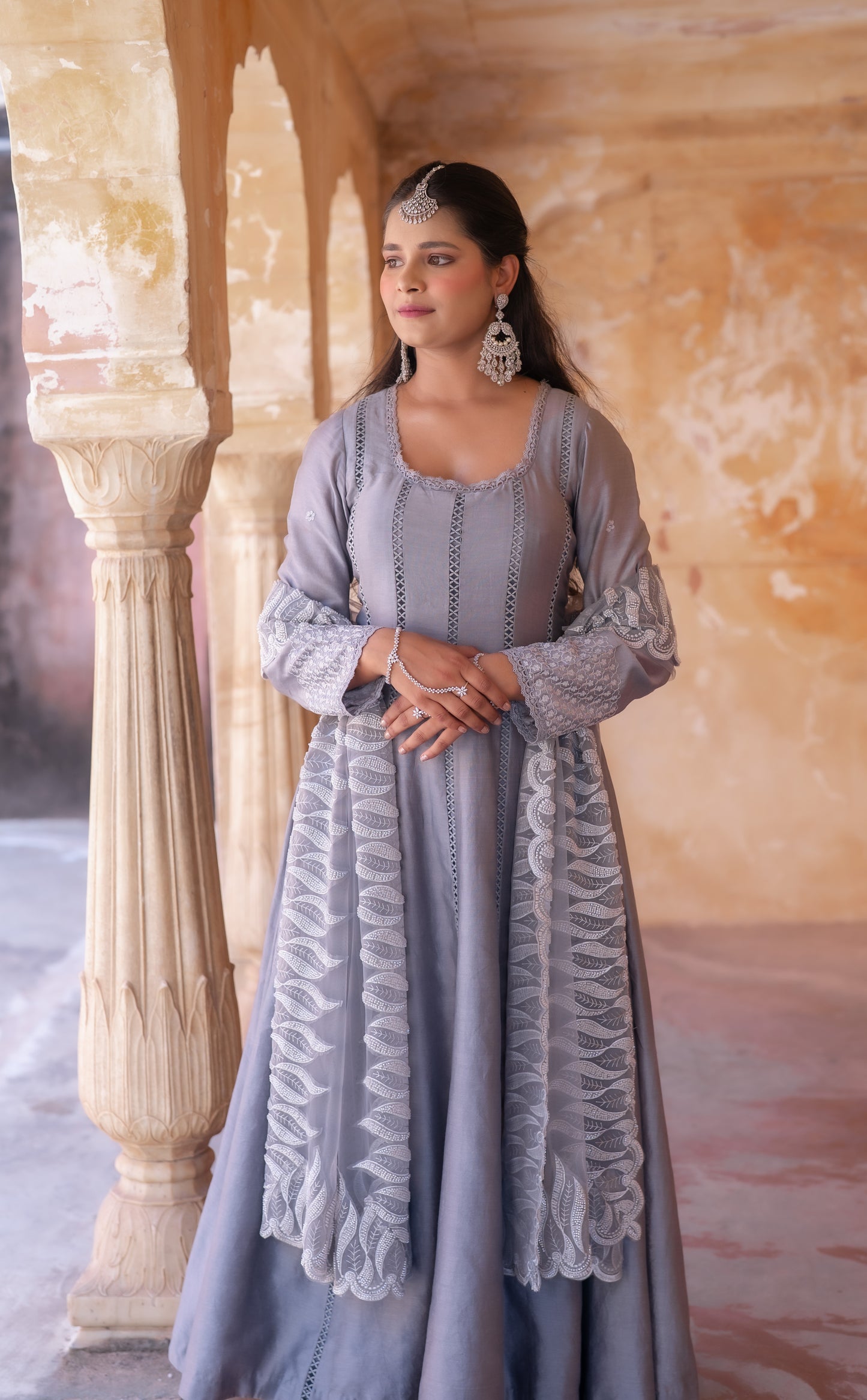 Grey Chanderi Silk Hand Embroidered Anarkali Set