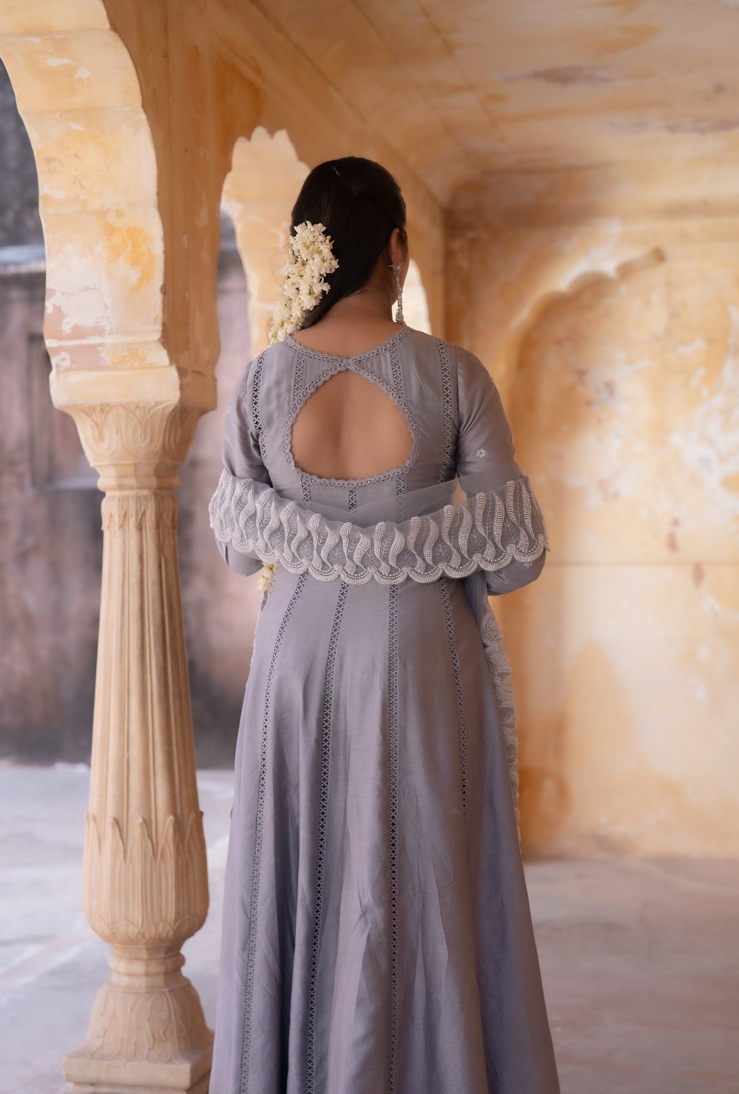 Grey Chanderi Silk Hand Embroidered Anarkali Set