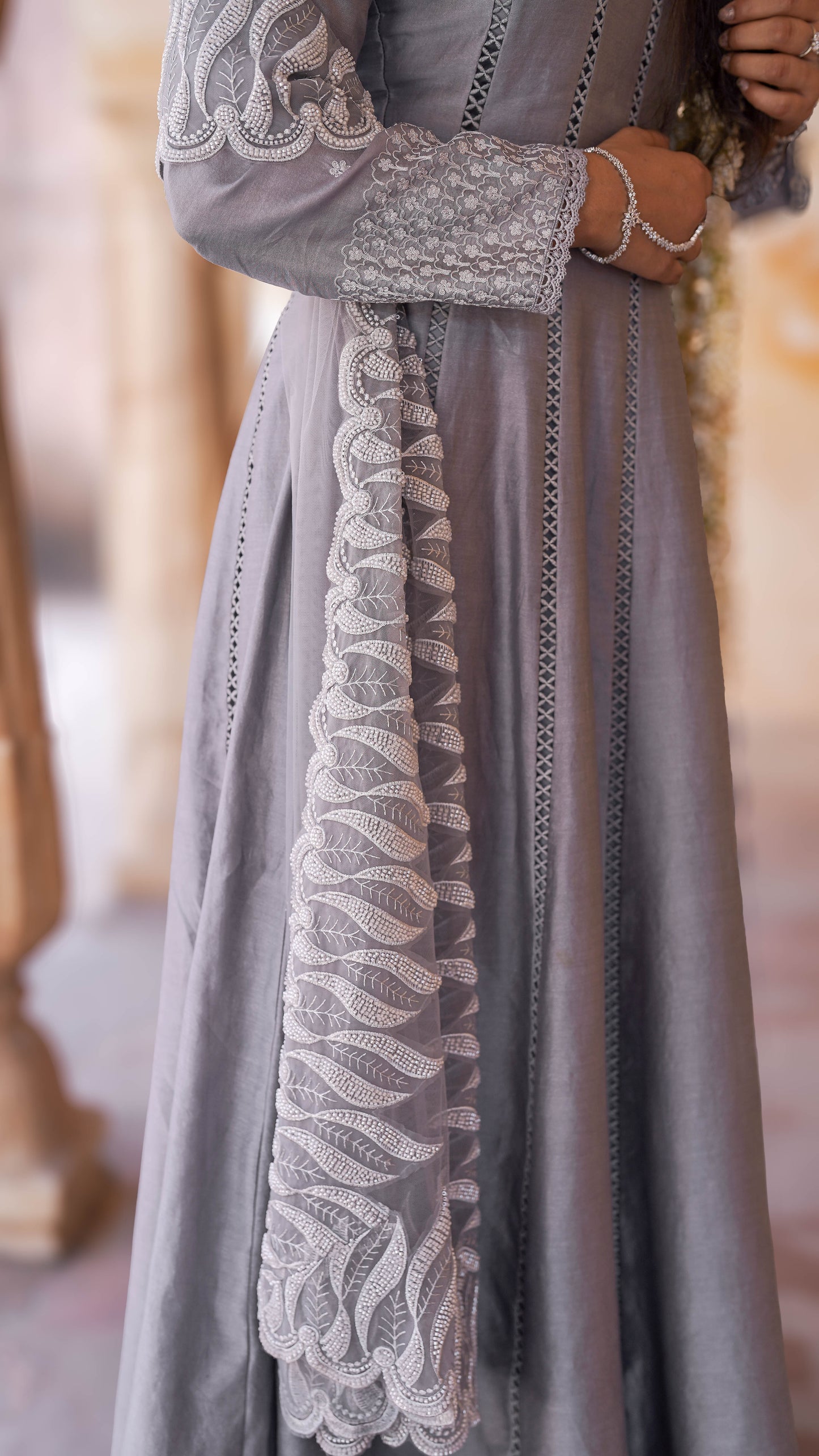 Grey Chanderi Silk Hand Embroidered Anarkali Set