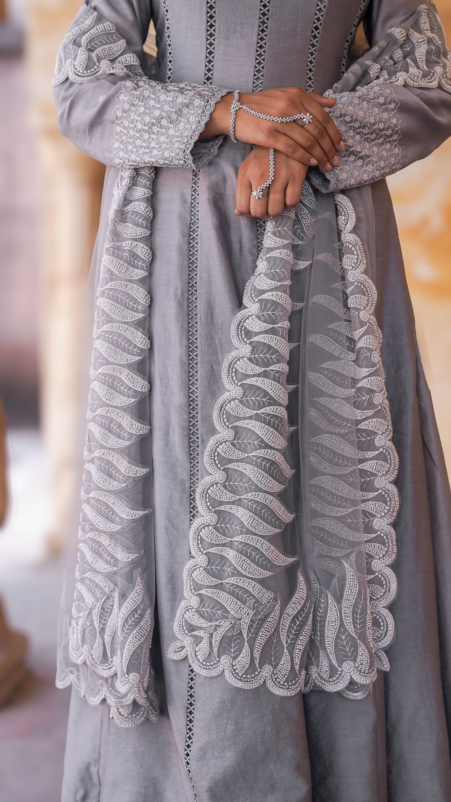 Grey Chanderi Silk Hand Embroidered Anarkali Set