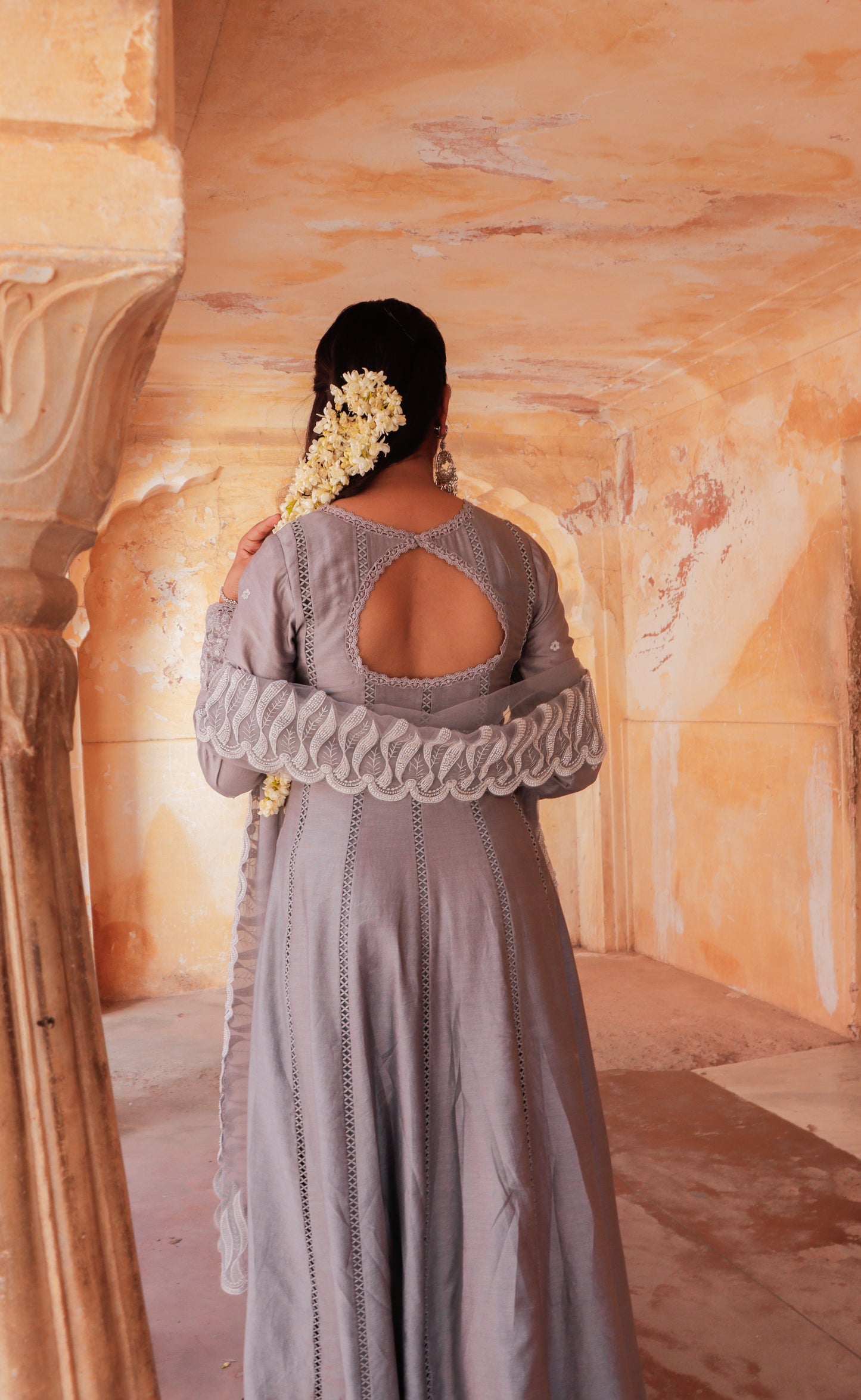 Grey Chanderi Silk Hand Embroidered Anarkali Set