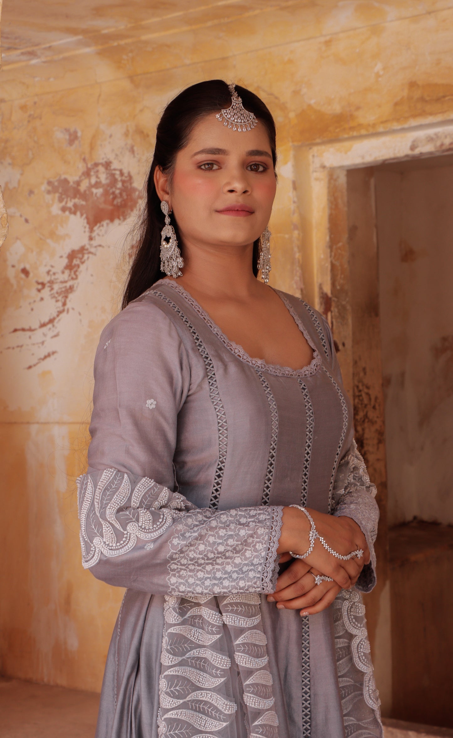 Grey Chanderi Silk Hand Embroidered Anarkali Set