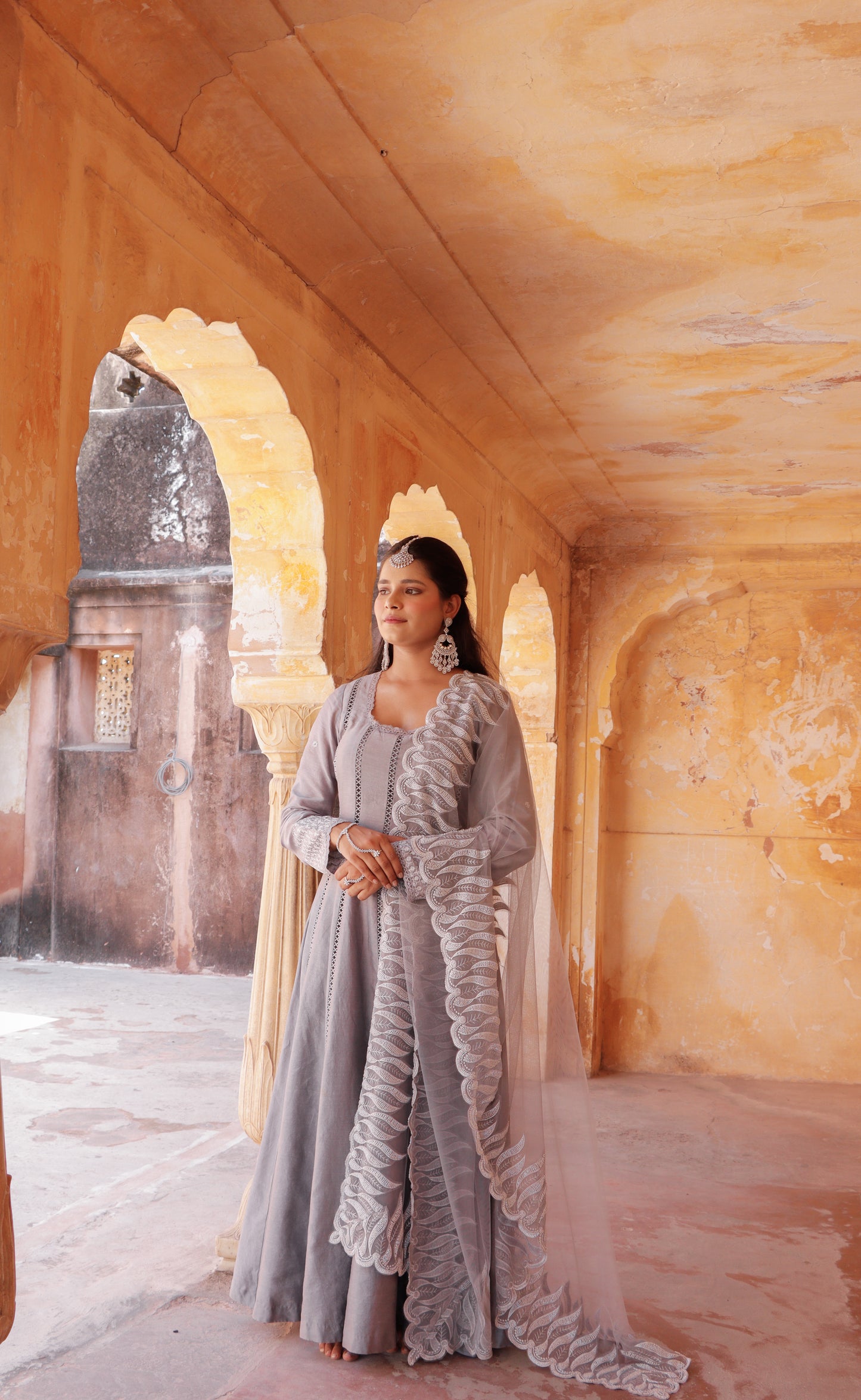 Grey Chanderi Silk Hand Embroidered Anarkali Set