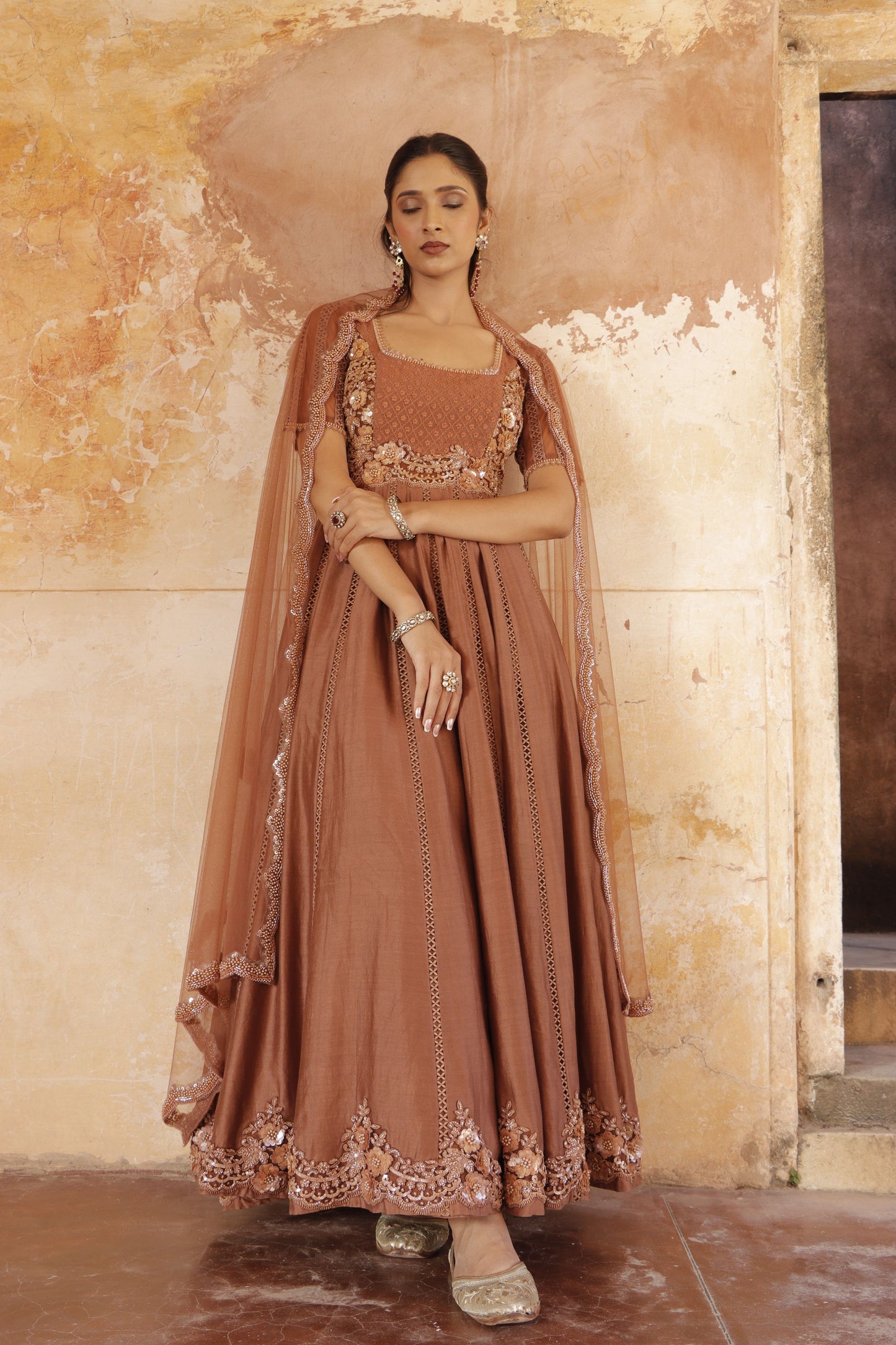Brown Chanderi Silk Hand Embroidered Anarkali Set