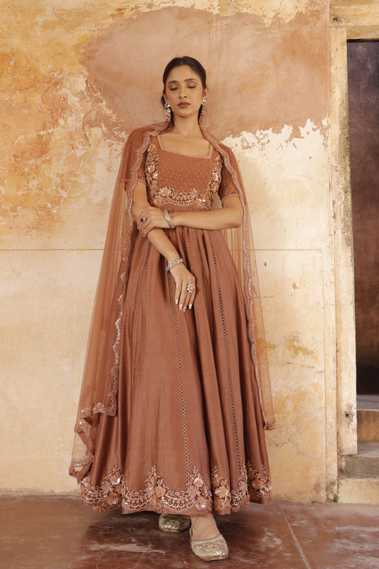 Brown Chanderi Silk Hand Embroidered Anarkali Set
