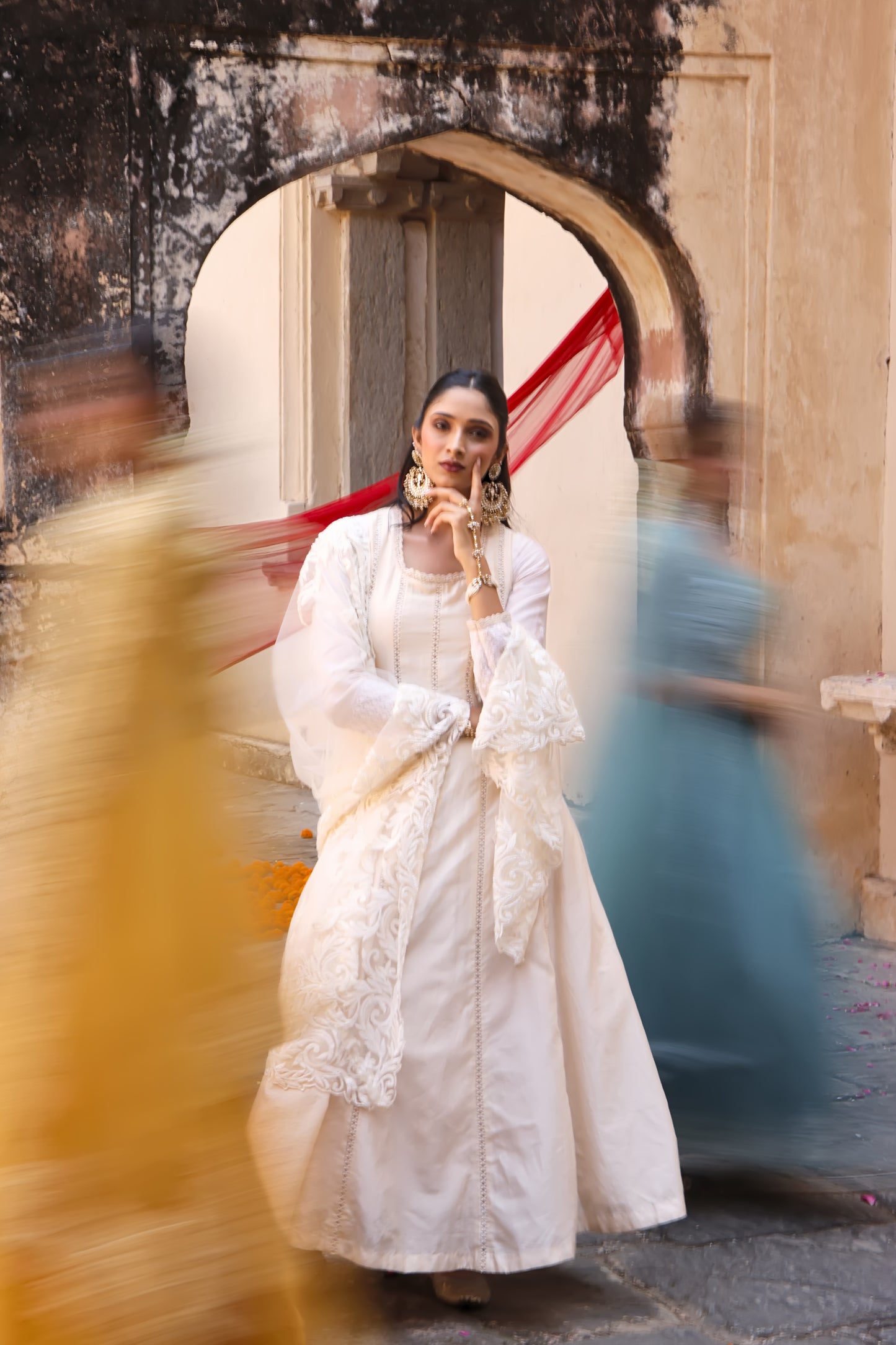 Ivory Chanderi Silk Hand Embroidered Anarkali Set